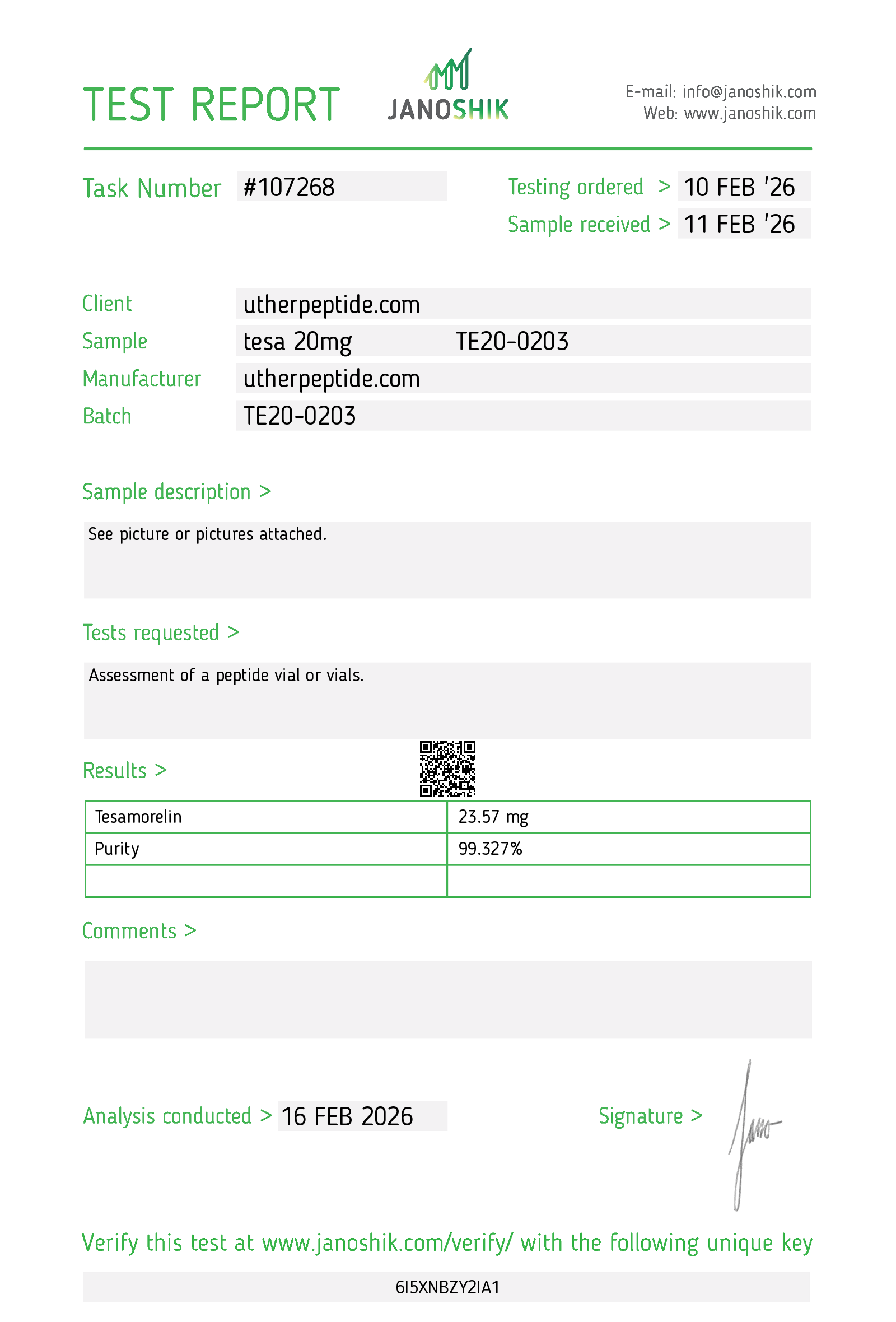 Tesamorelin COA · 2026-02-16
