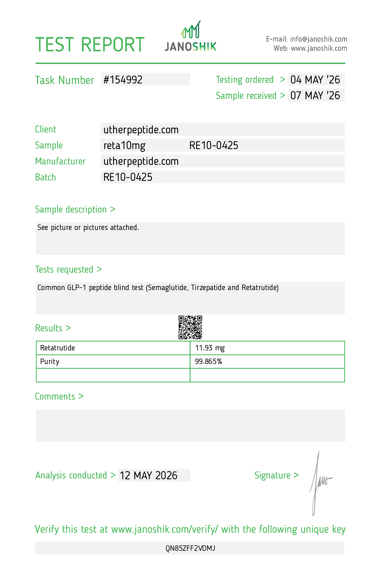 Retatrutide COA · 2026-05-12