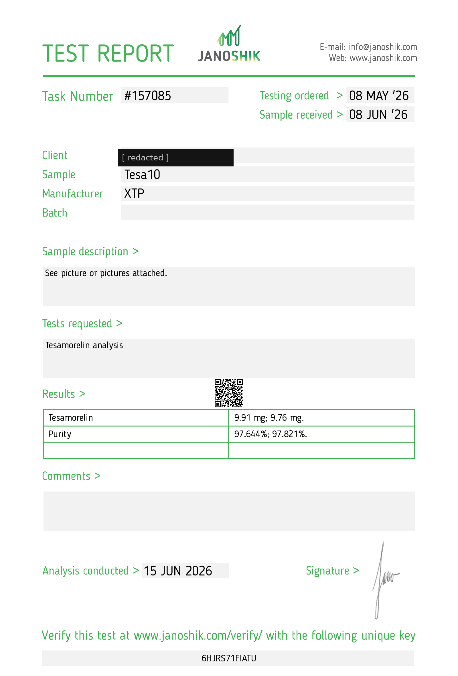 Janoshik test report #157085 for XTP Tesamorelin-10: purity 97.644% and 97.821%, below the vendor's 99% threshold