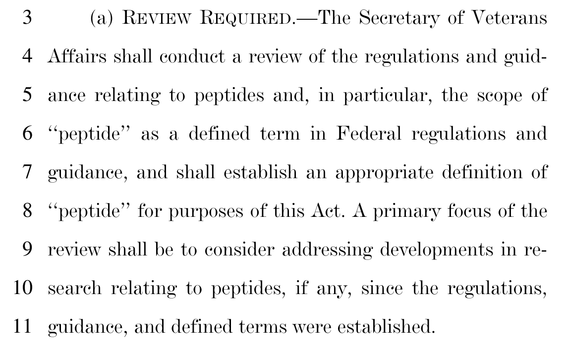 H.R. 10212, page 2, lines 3 through 11: VA must review peptide regulations and establish a definition of peptide for purposes of this Act.