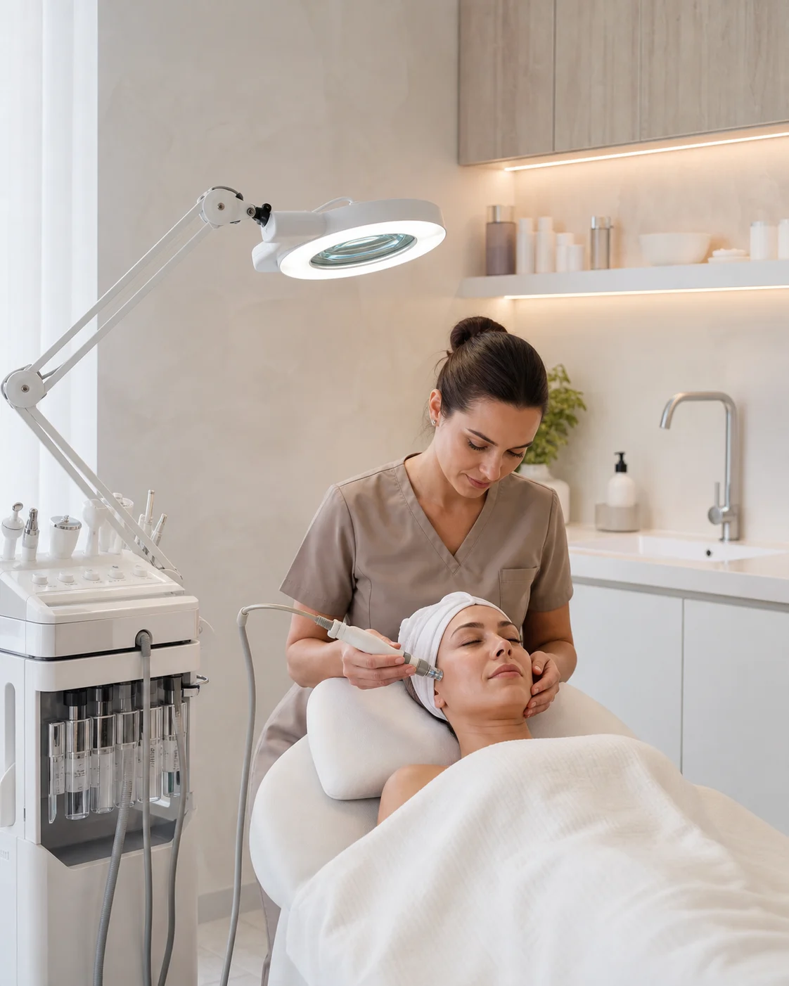 An esthetic professional performing a non-invasive facial treatment in a modern beauty clinic