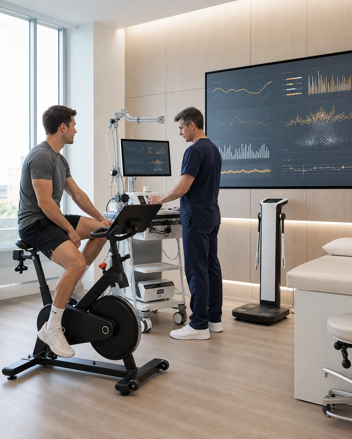 A physician preparing metabolic and body-composition equipment in a longevity clinic