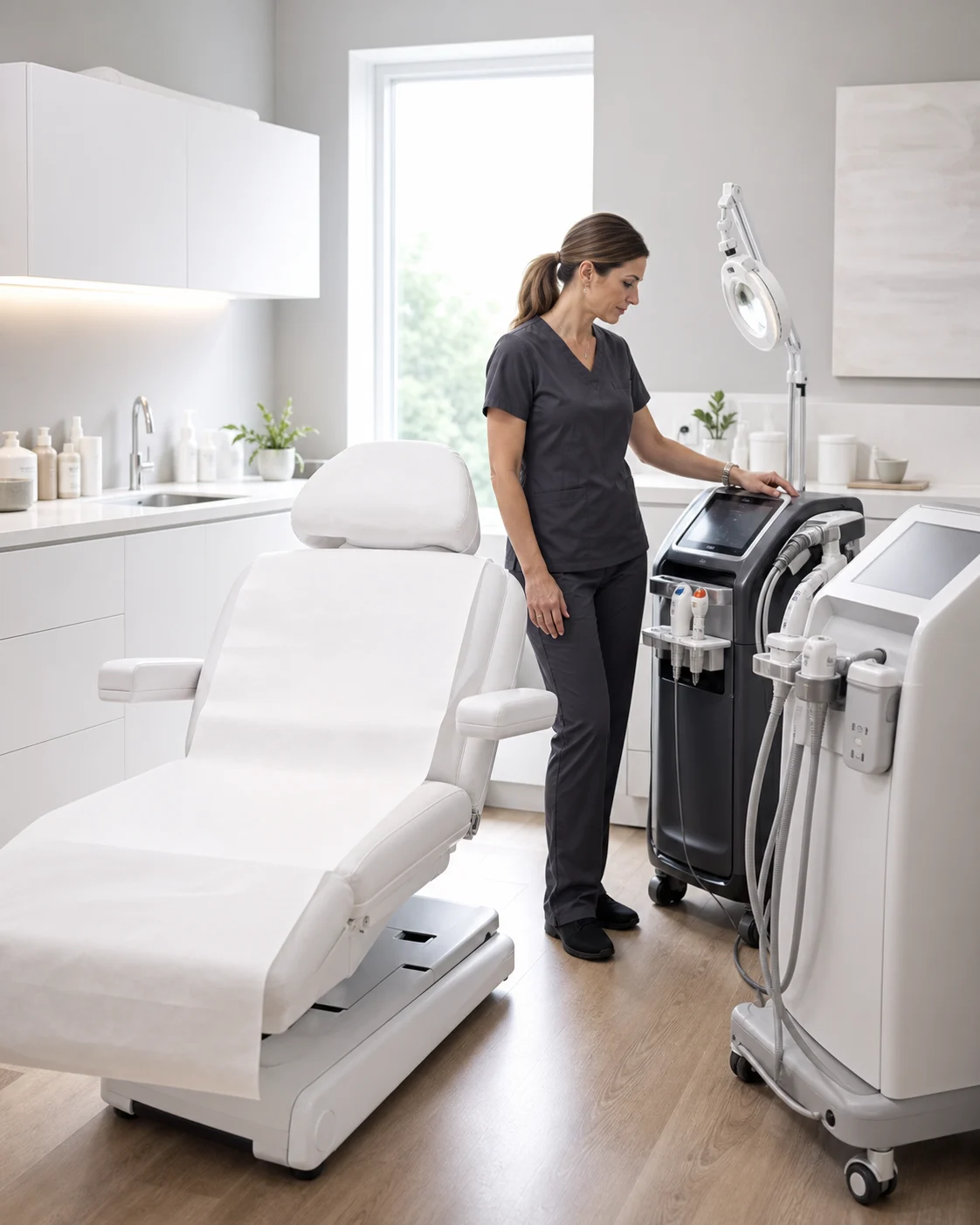 An aesthetic clinician checking a treatment console beside a reclining chair in a medical spa
