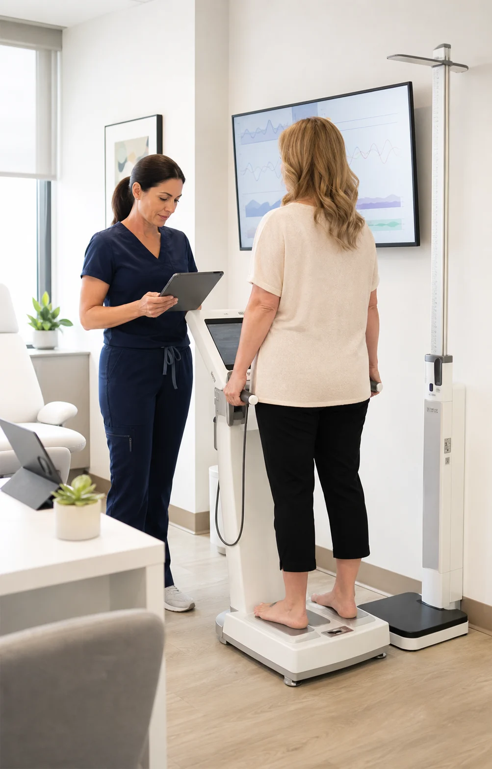 A clinician guiding a body-composition assessment in a weight-management clinic