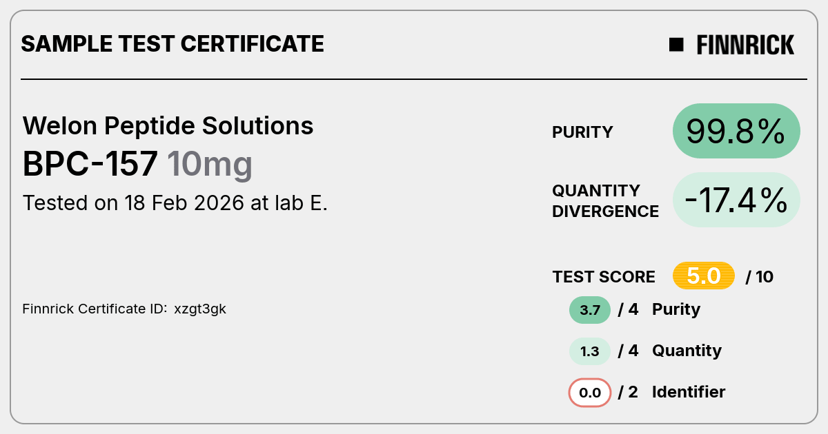 Certificate of analysis for Welon Peptide Solutions BPC-157