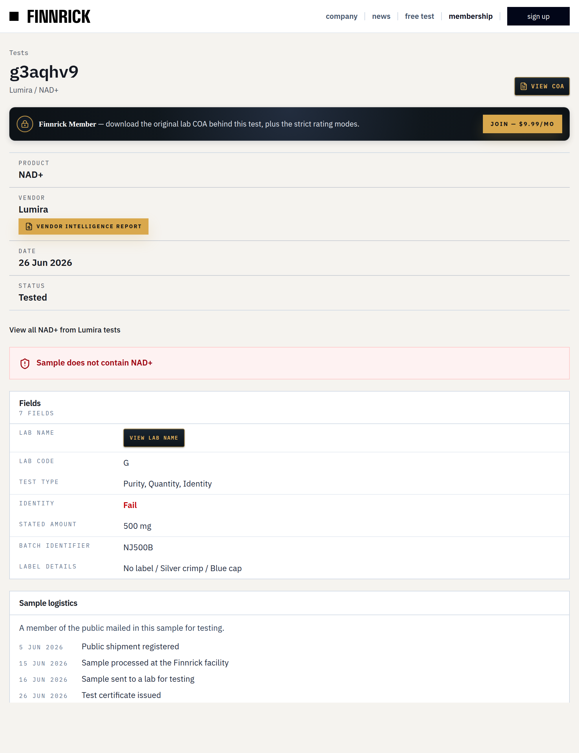 Certificate of analysis for Lumira NAD+