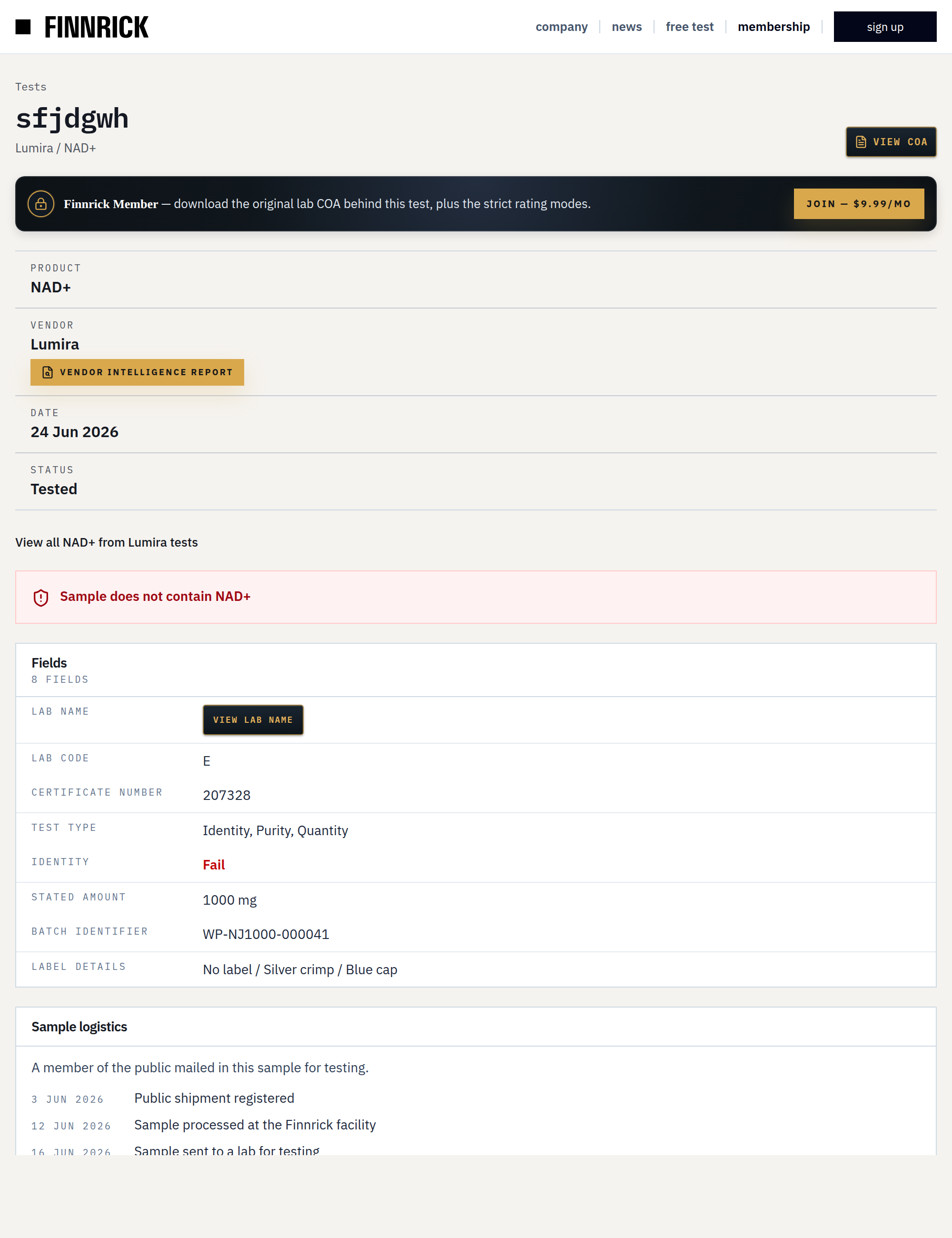 Certificate of analysis for Lumira NAD+