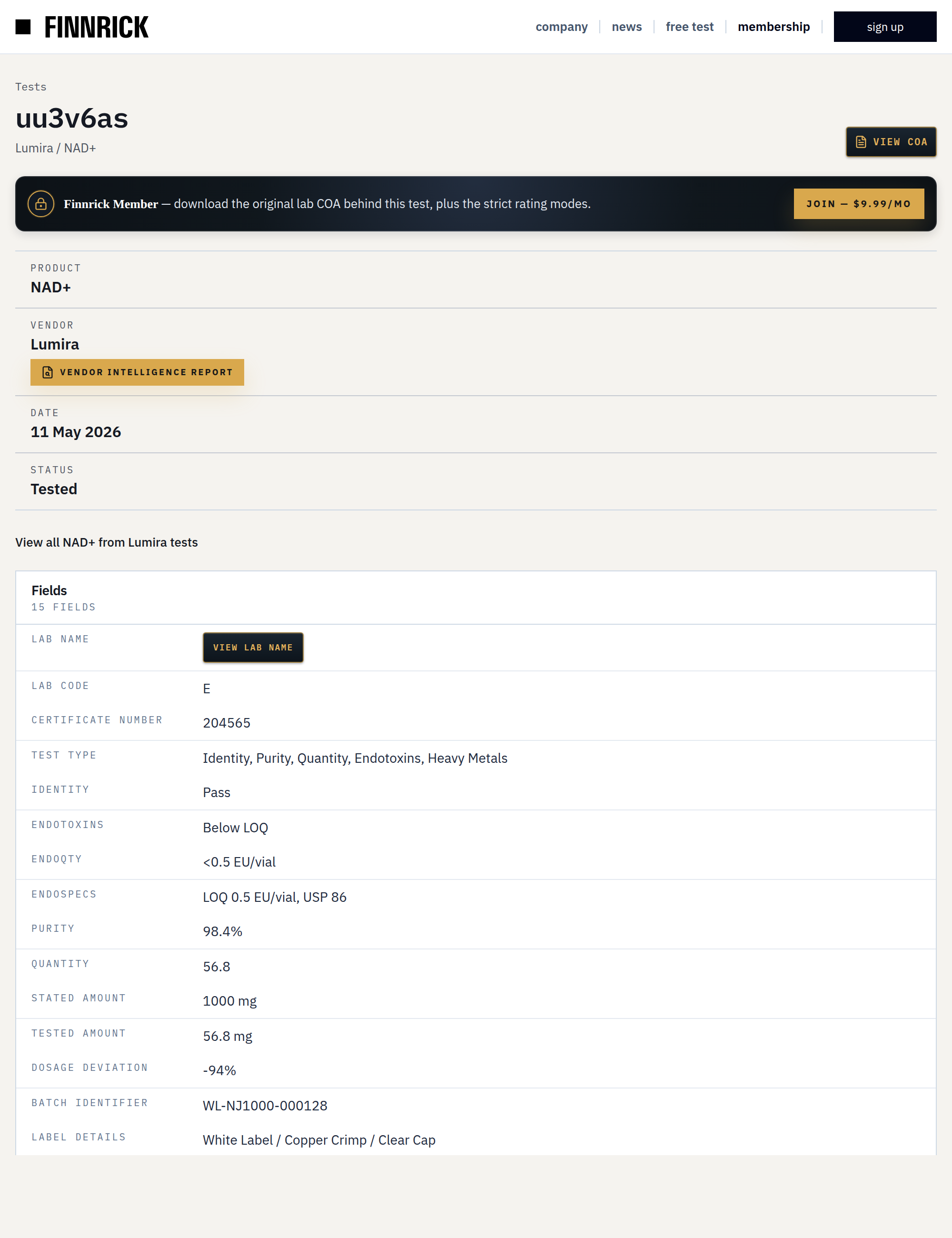 Certificate of analysis for Lumira NAD+