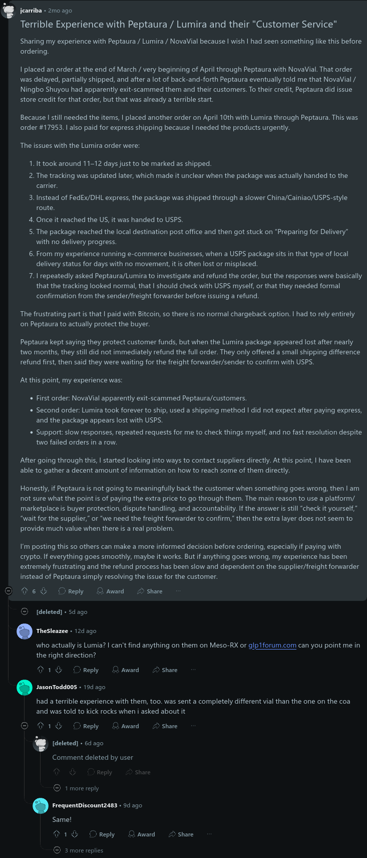 Reddit: a customer complaint (order #17953)