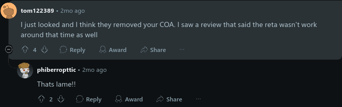 Reddit: third-party observation that the COA was removed