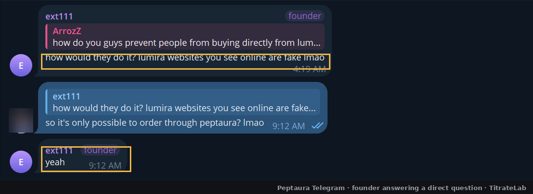 A Peptaura founder confirming Lumira can only be bought through Peptaura