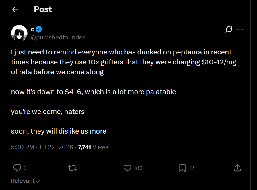Peptaura's founder claiming credit for dropping retatrutide prices