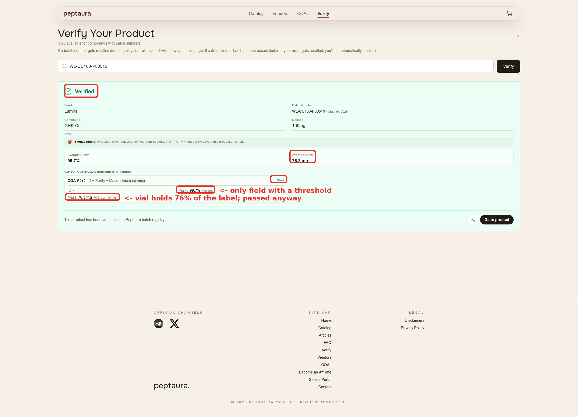 Peptaura's /verify page showing lot WL-CU100-P00519 as passing