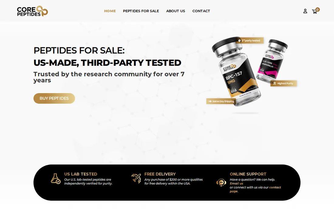 Core Peptides homepage on October 30, 2026, open, headlined Peptides for sale: US-made, third-party tested.