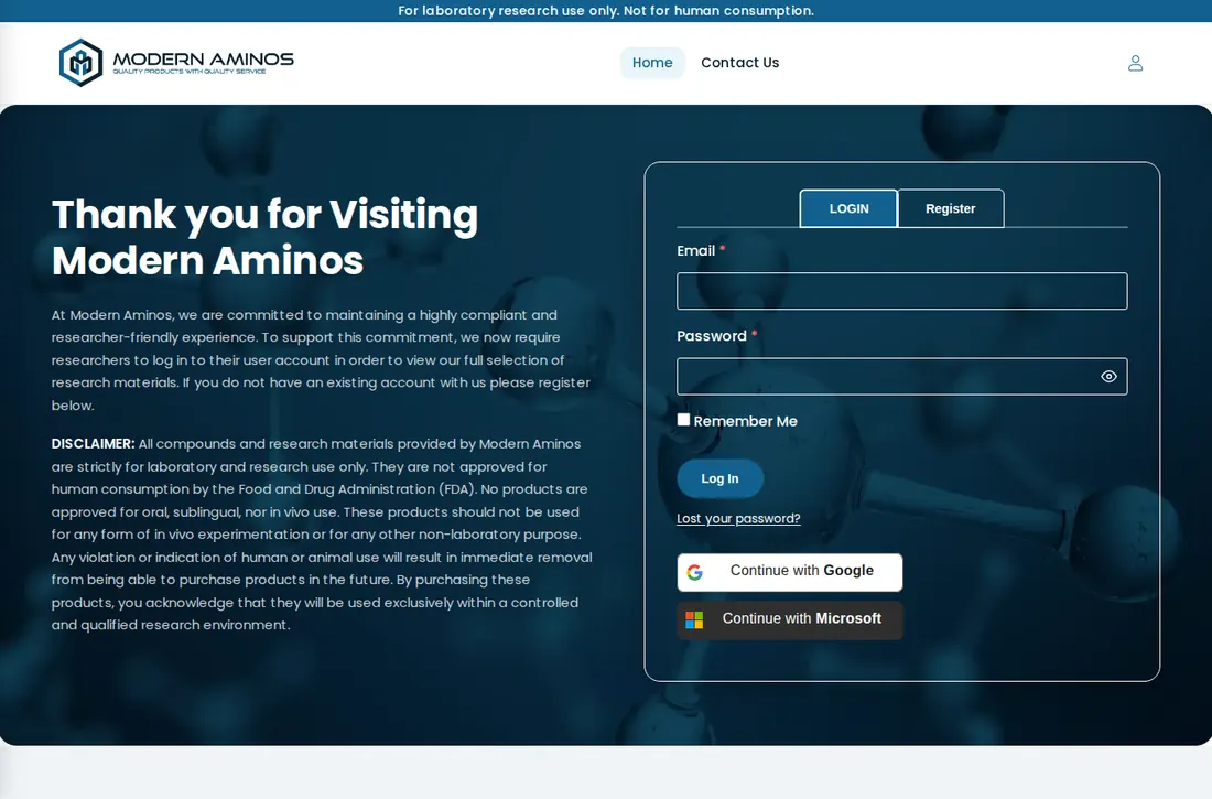 Modern Aminos homepage on October 30, 2026: a login and register form; the page says you need an account to see its full product selection.