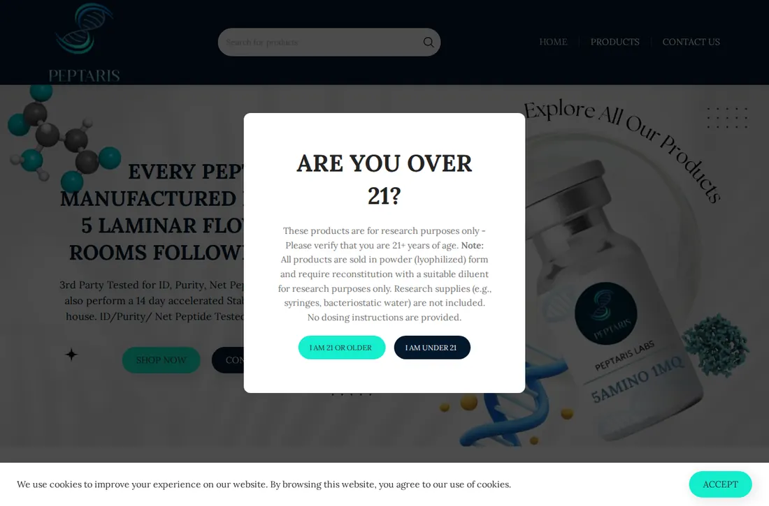 Homepage of a store branded PEPTARIS on October 30, 2026, behind an 'Are you over 21?' prompt, claiming manufacturing in ISO 5 laminar flow clean rooms.