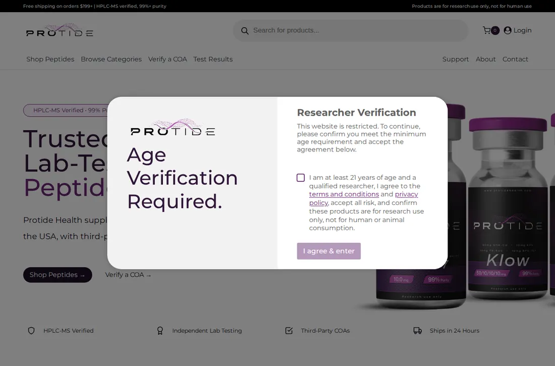 Protide Health homepage on October 30, 2026 with an Age Verification Required pop-up over the store.