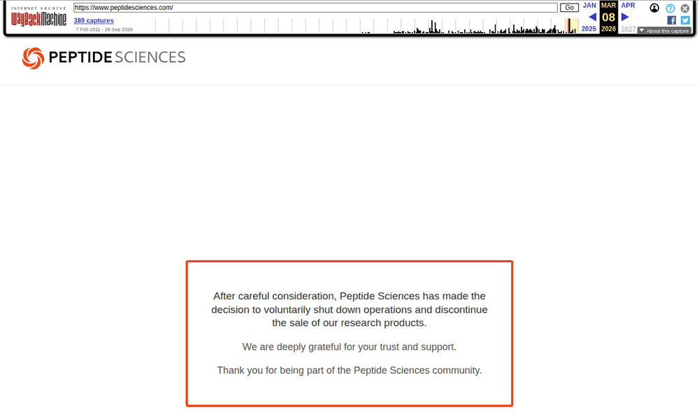 Internet Archive capture of peptidesciences.com on March 8, 2026: the Peptide Sciences logo above a red-bordered box with three sentences announcing that the company decided to voluntarily shut down operations and discontinue the sale of its research products