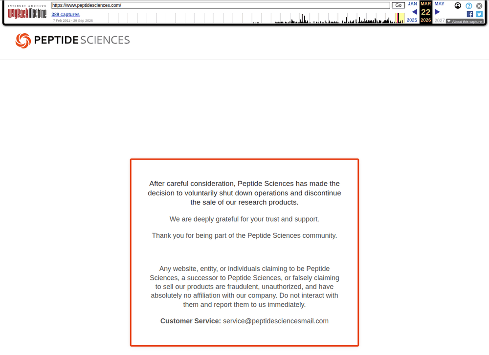 Internet Archive capture of peptidesciences.com on March 22, 2026: the original three sentences followed by a warning that any website, entity or individuals claiming to be Peptide Sciences, a successor, or falsely claiming to sell its products are fraudulent and unauthorized, and a customer service email address