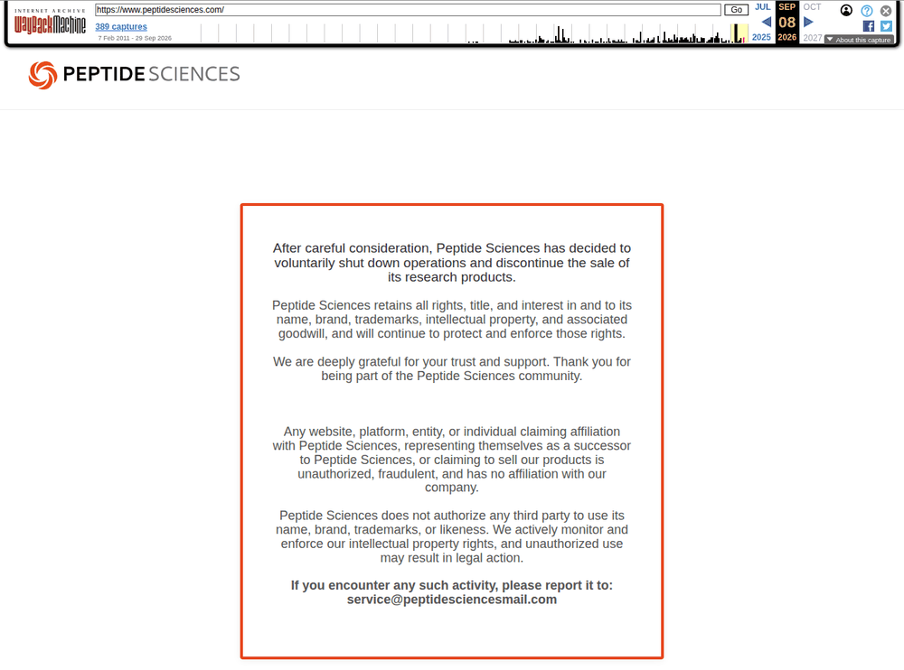 Internet Archive capture of peptidesciences.com on September 8, 2026: the revised closing notice, adding a statement that the company keeps the rights to its name and trademarks and that any site claiming affiliation, succession or the sale of its products is unauthorized