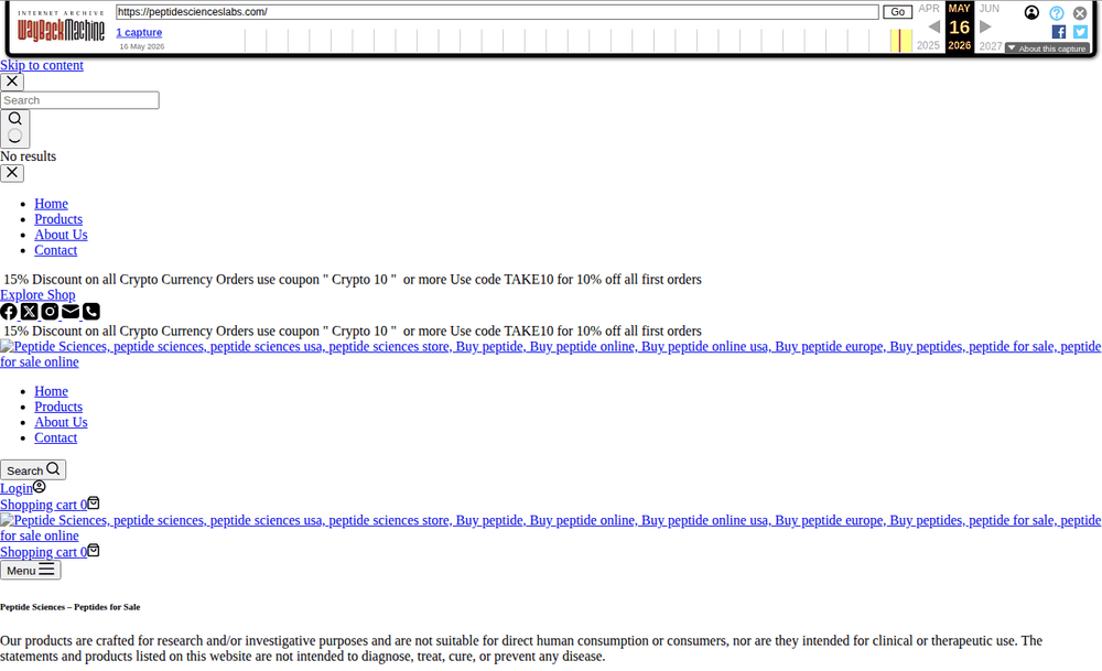 Internet Archive capture of peptidescienceslabs.com on May 16, 2026, shown without its stylesheets: a banner offering 15 percent off cryptocurrency orders and a heading reading Peptide Sciences, Peptides for Sale