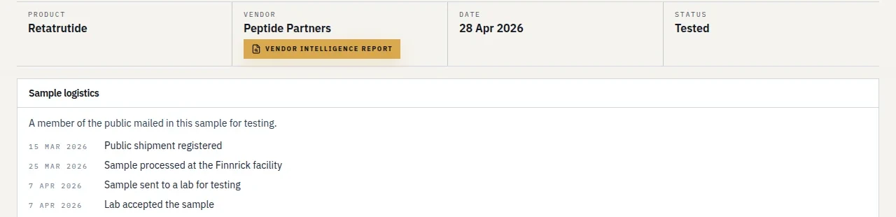 Finnrick record header for retatrutide from Peptide Partners, dated 28 Apr 2026, with a Sample logistics box reading: A member of the public mailed in this sample for testing, followed by shipment dates in March and April 2026.