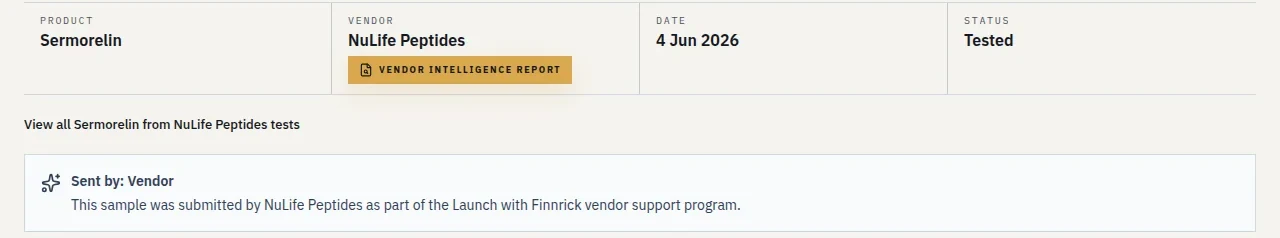 Finnrick record header for sermorelin from NuLife Peptides, dated 4 Jun 2026, with a box reading: Sent by: Vendor. This sample was submitted by NuLife Peptides as part of the Launch with Finnrick vendor support program.