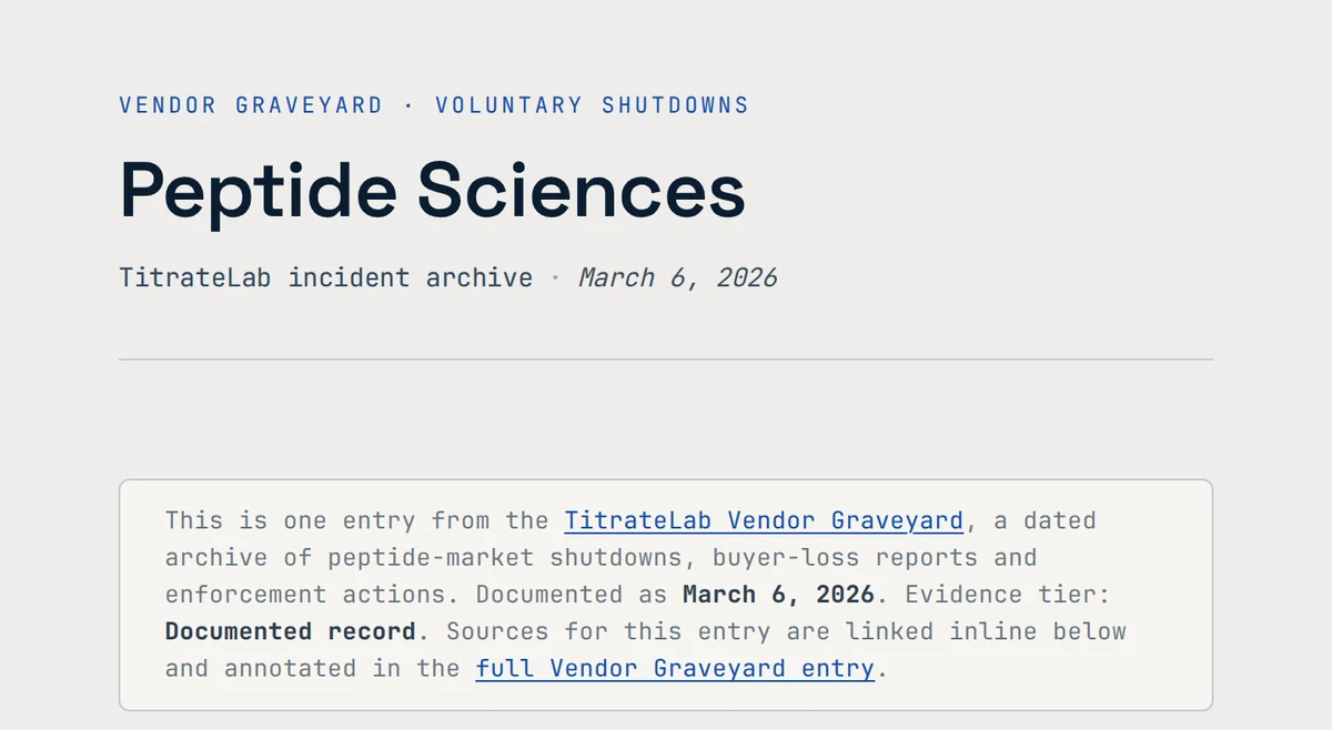 Vendor Graveyard entry page for Peptide Sciences: category Voluntary shutdowns, dated March 6, 2026, evidence tier Documented record.