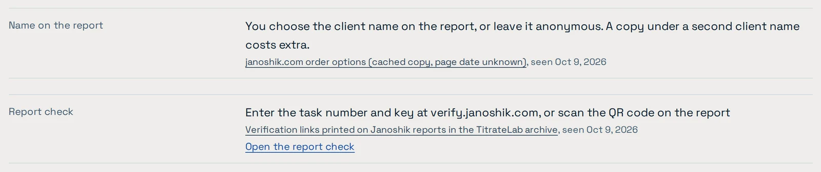 Two rows of the TitrateLab Janoshik lab profile. Name on the report: you choose the client name on the report, or leave it anonymous; a copy under a second client name costs extra. Report check: enter the task number and key at verify.janoshik.com, or scan the QR code on the report.
