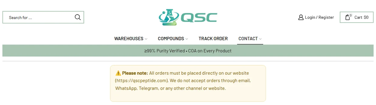 Contact page of a storefront using the QSC name: banner reading Purity Verified and COA on Every Product, and a note that all orders must be placed directly on qscpeptide.com and not through email, WhatsApp or Telegram.