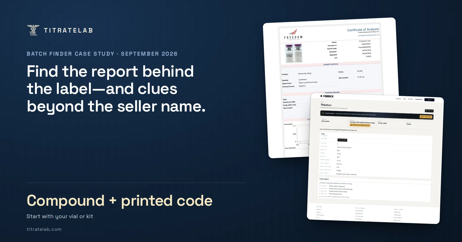 TitrateLab cover: Find the report behind the label—and clues beyond the seller name. Start with your vial or kit: Compound + printed code. Beside it, excerpts of evidence images from the article.