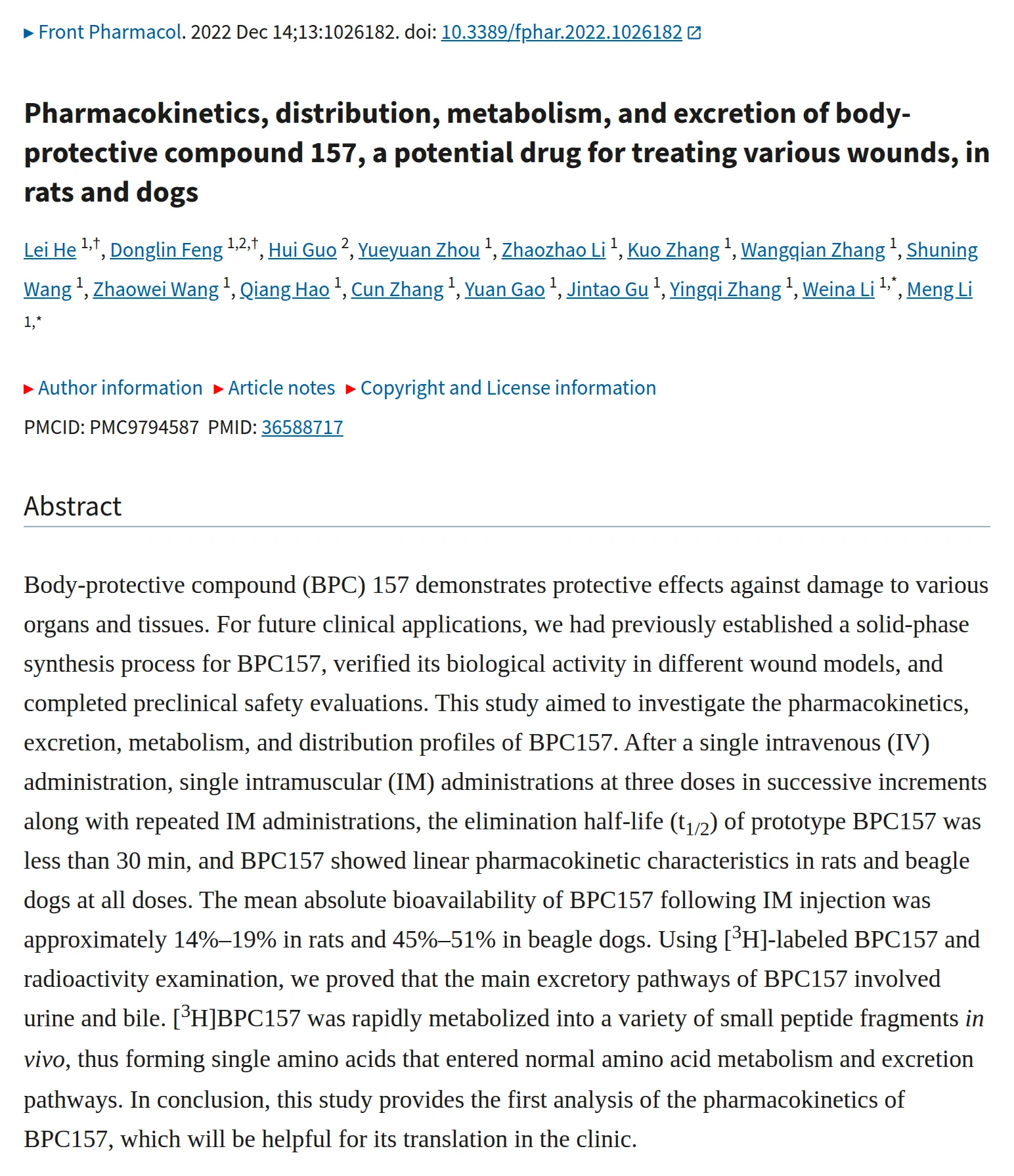 He 2022 abstract: intravenous and intramuscular routes; intramuscular bioavailability 14 to 19% rats, 45 to 51% dogs.