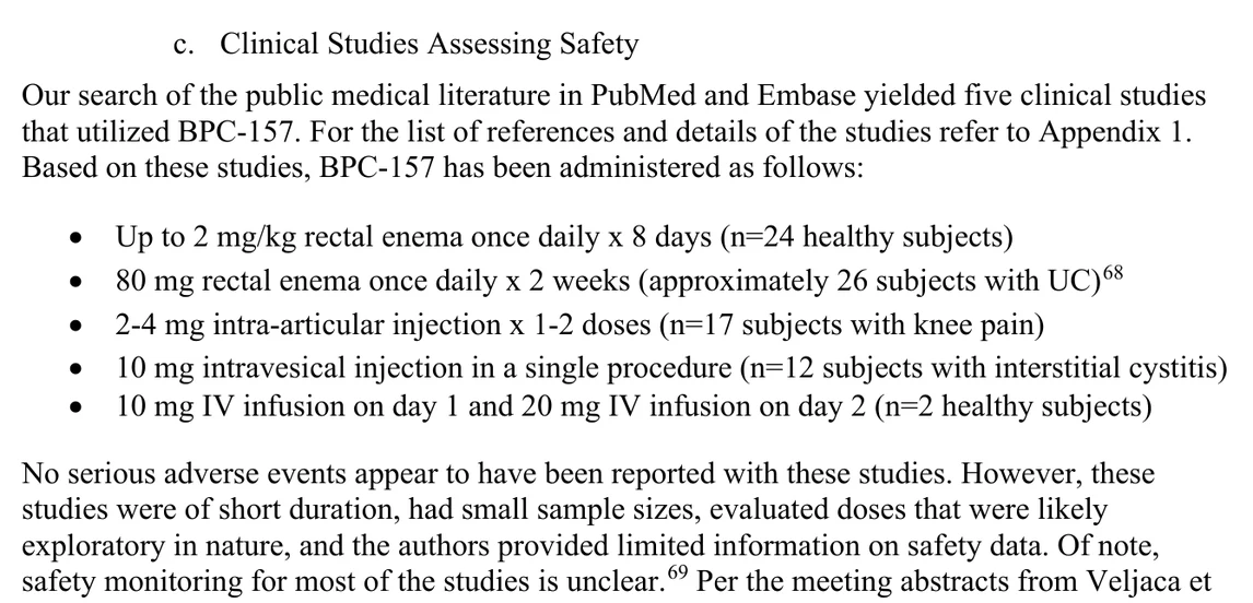 FDA BPC-157 briefing page 42: five clinical studies, by rectal enema, intra-articular and intravesical injection and IV infusion; none oral.