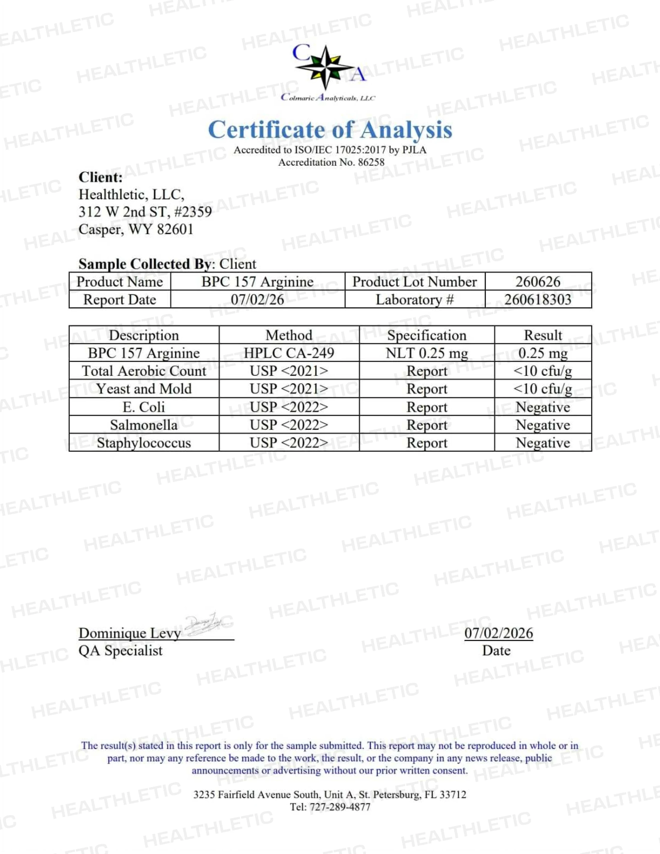Colmaric Analyticals, Healthletic lot 260626: 0.25 mg against NLT 0.25 mg.