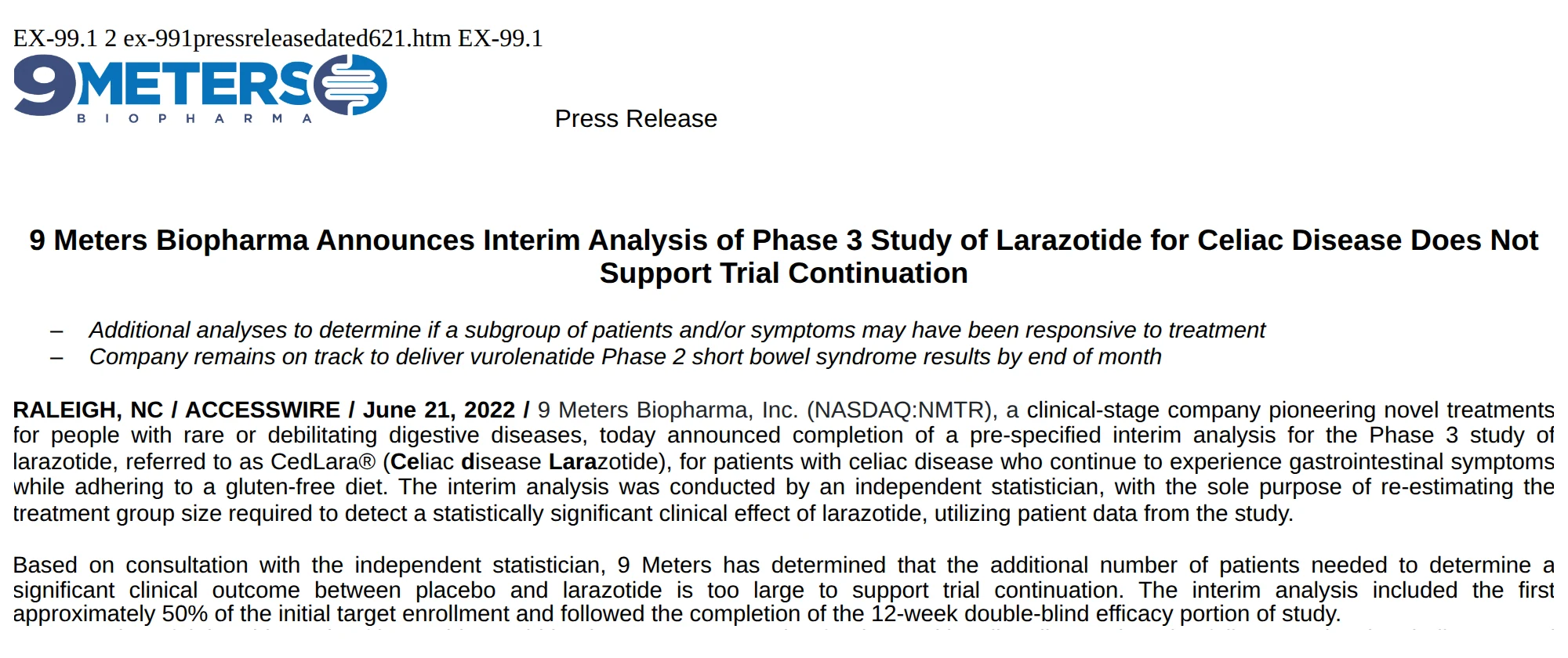 9 Meters release: larazotide phase 3 interim analysis does not support continuation.