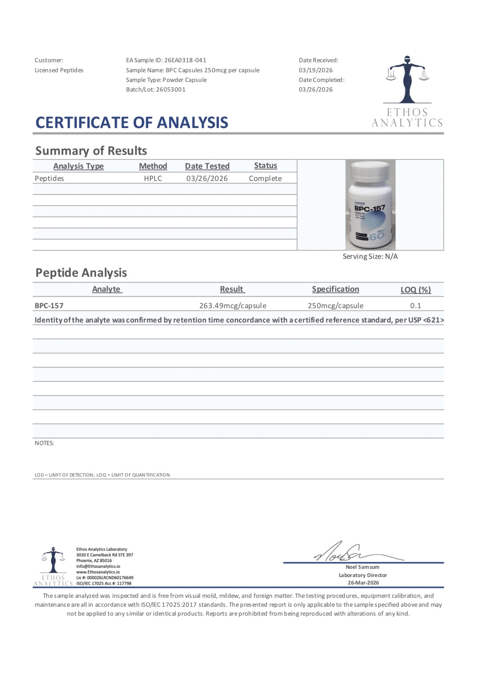 Ethos Analytics, Licensed Peptides lot 26053001: 263.49 mcg per capsule.