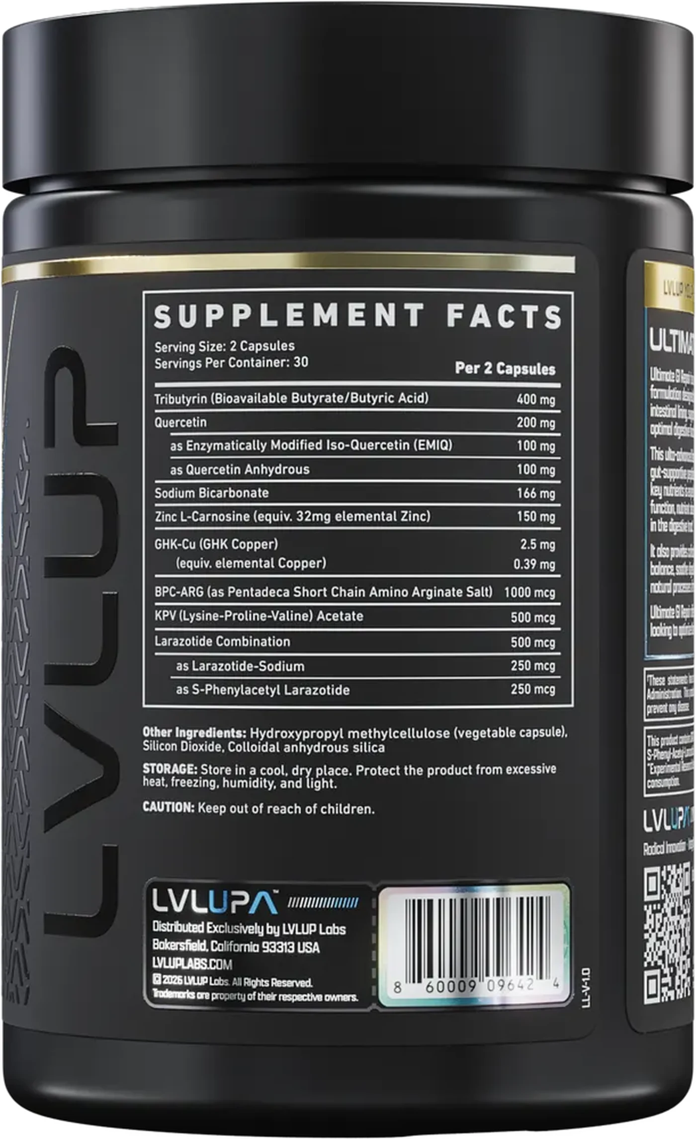 LVLUP Ultimate GI Repair label: BPC-ARG 1000 mcg, KPV 500 mcg, larazotide 500 mcg per 2 capsules.