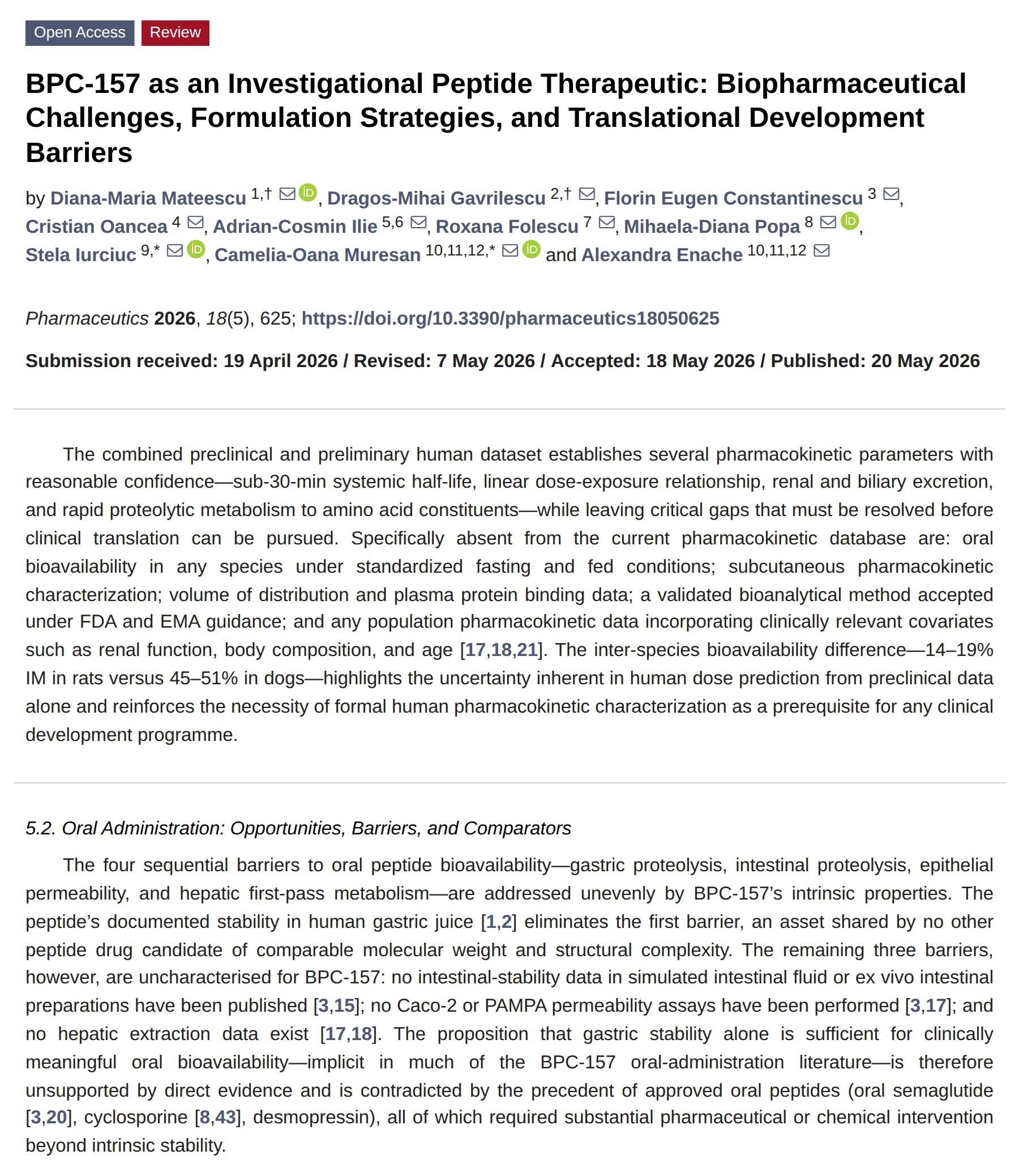 Mateescu 2026 excerpts: no oral bioavailability data in any species; gastric stability alone unsupported.
