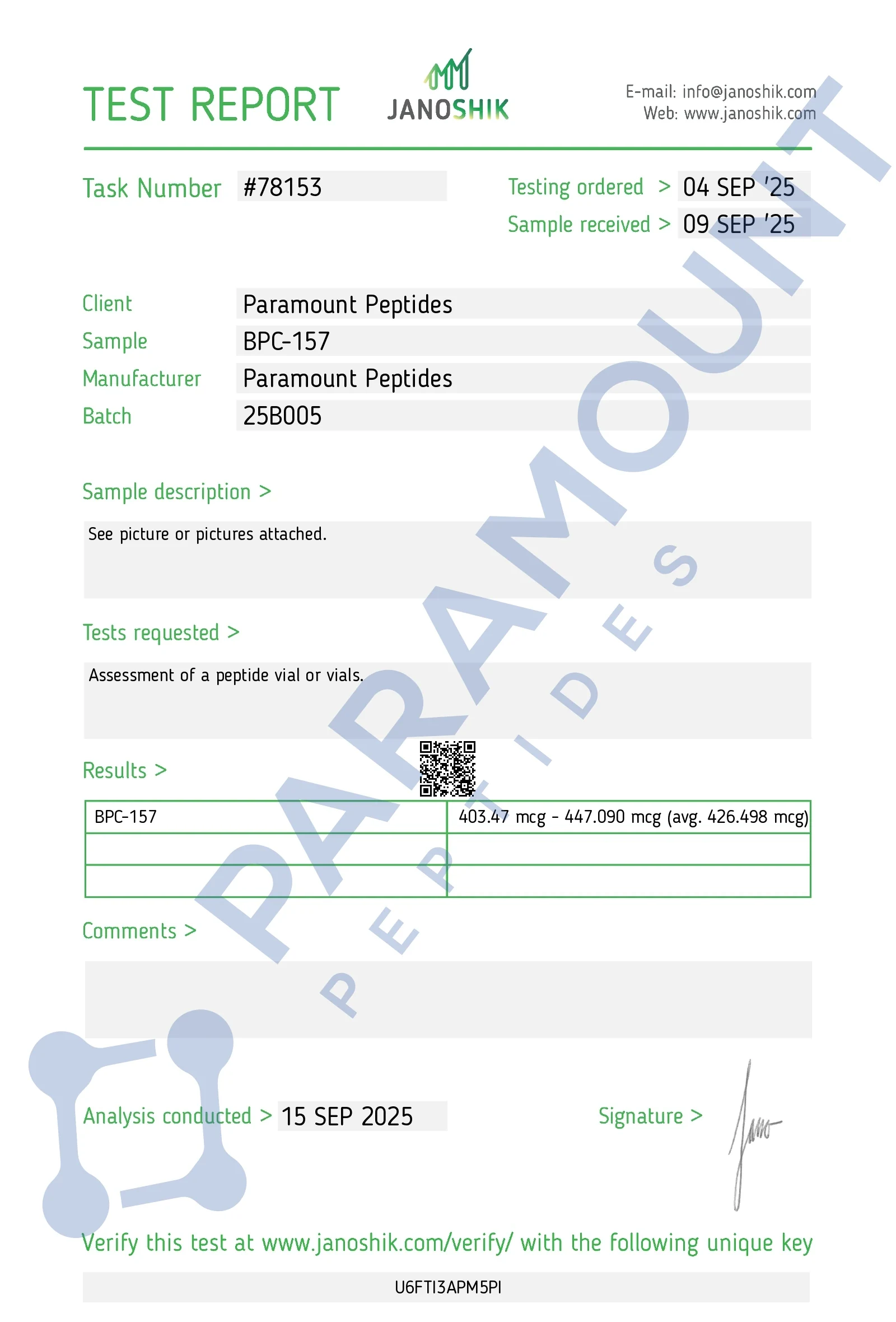 Janoshik 78153, Paramount batch 25B005: 403.47 to 447.09 mcg.