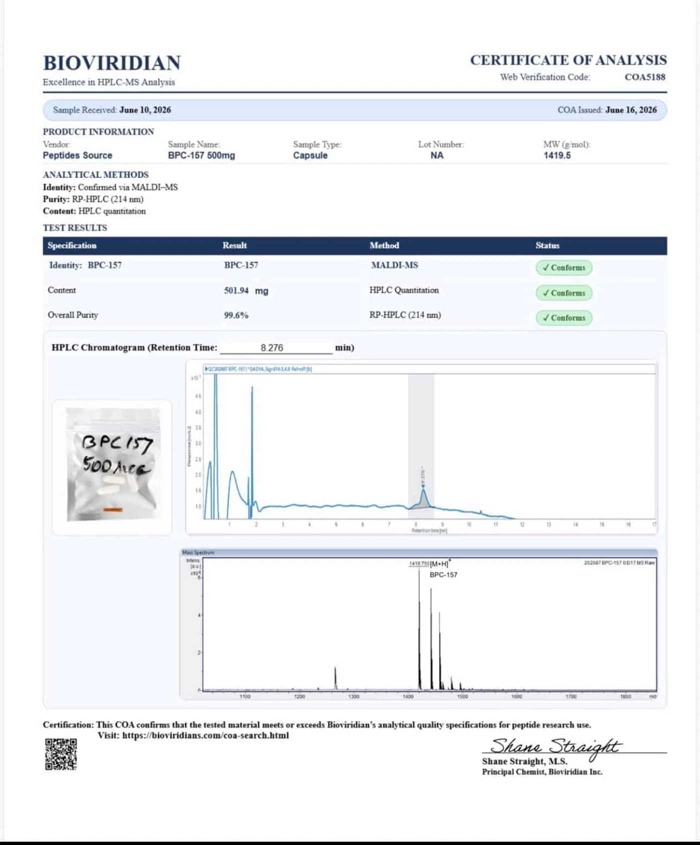 Bioviridian COA5188, Peptides Source: content printed 501.94 mg.