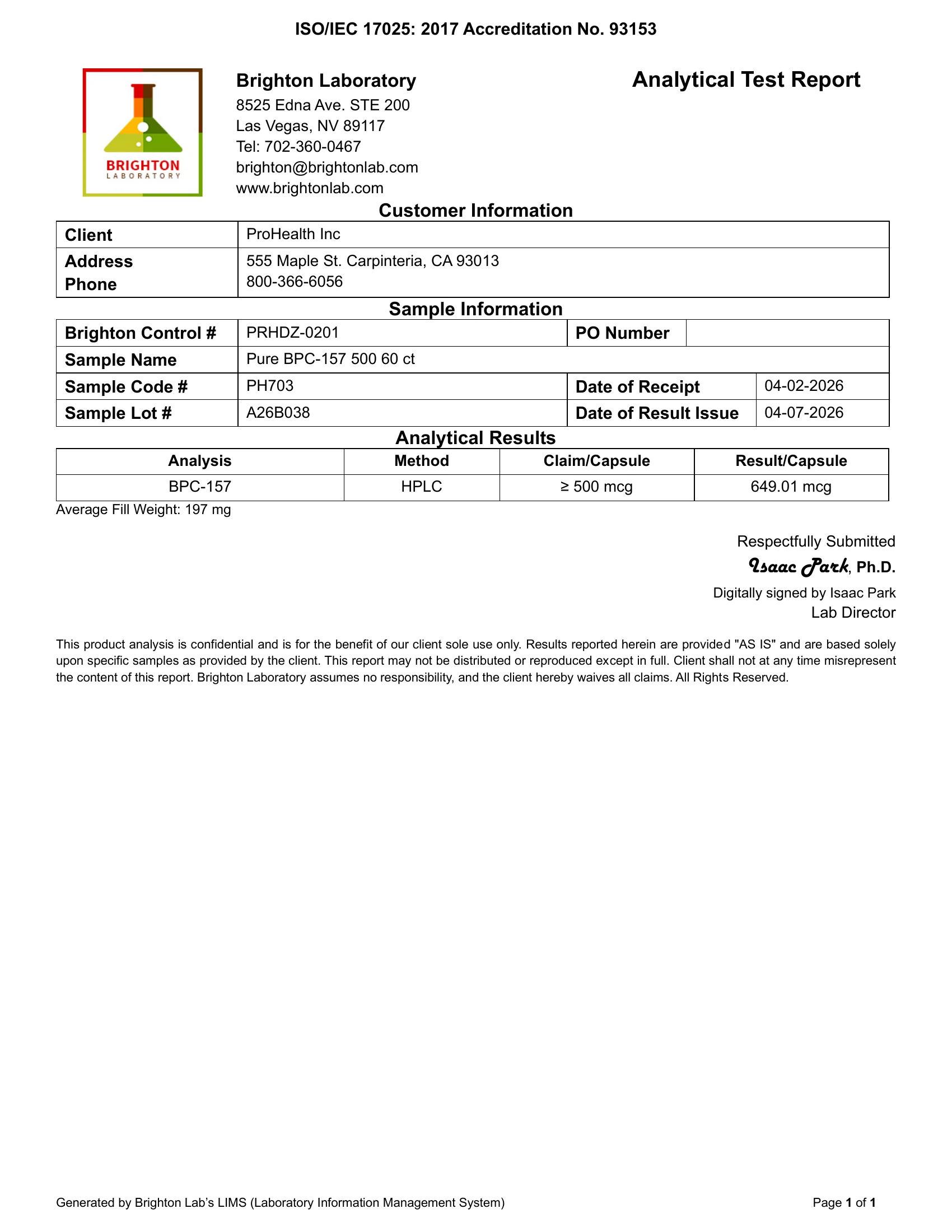 Brighton Laboratory, ProHealth lot A26B038: 649.01 mcg per capsule.