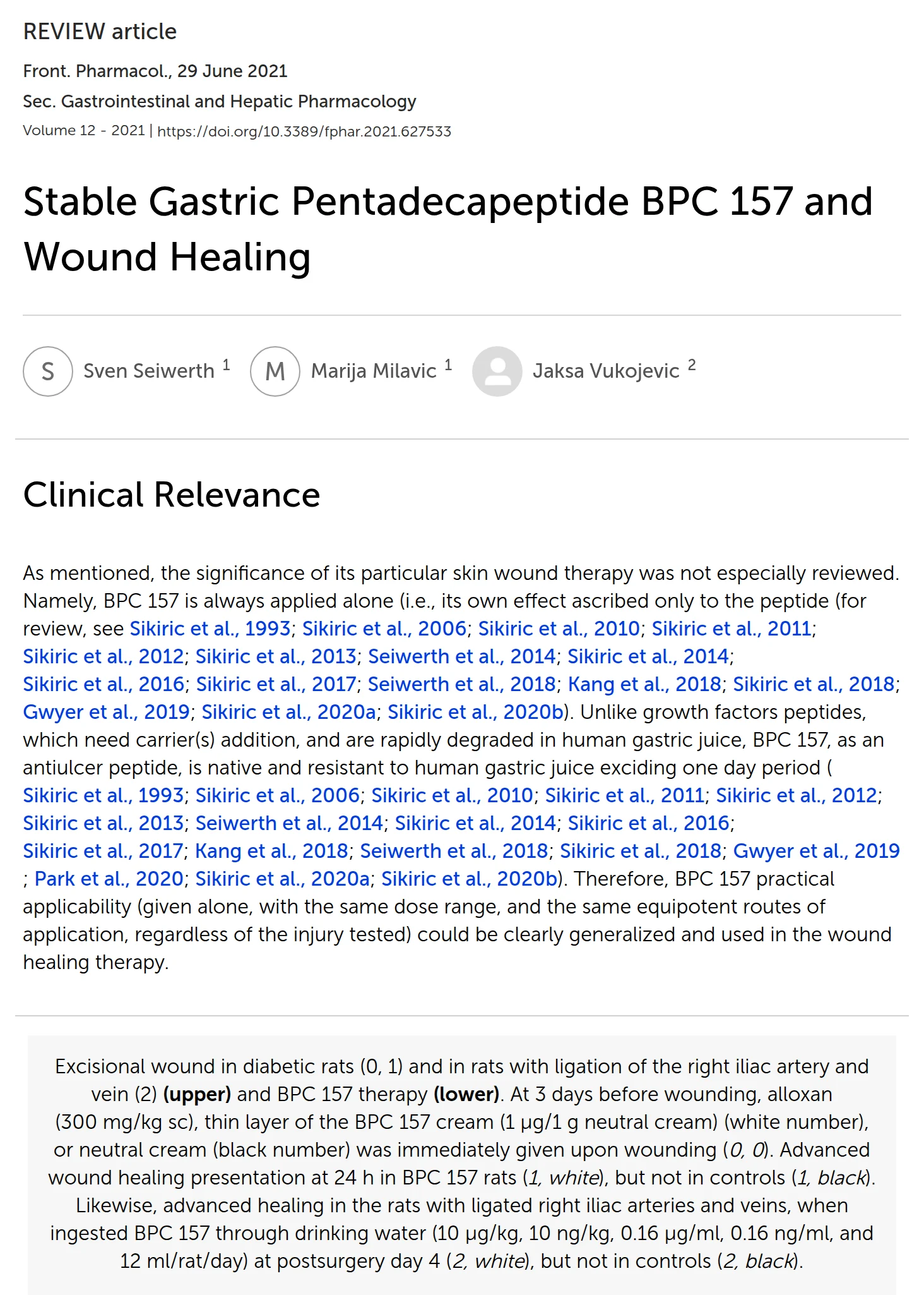Seiwerth 2021: BPC 157 resistant to gastric juice over one day; drinking-water dosing.
