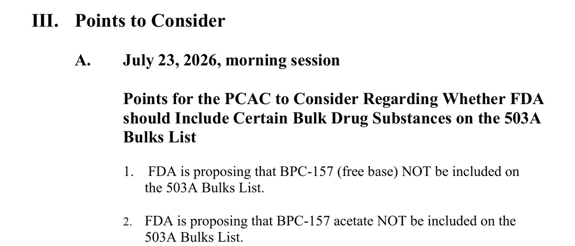 FDA briefing introduction, section III, page 6: FDA is proposing that BPC-157 (free base) and BPC-157 acetate NOT be included on the 503A Bulks List