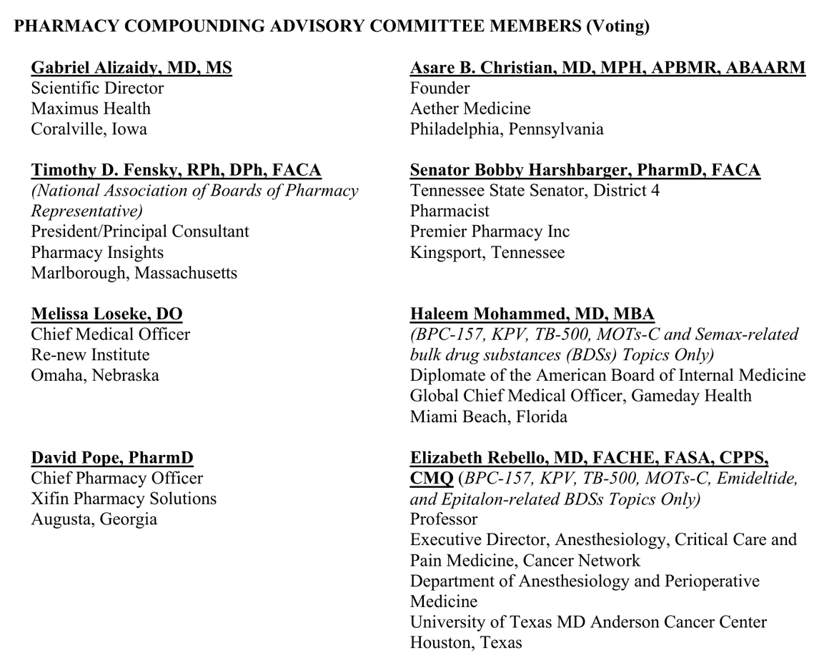 FDA final roster, page 1: standing voting members, with Haleem Mohammed limited to the BPC-157, KPV, TB-500, MOTs-C and Semax topics and Elizabeth Rebello limited to the BPC-157, KPV, TB-500, MOTs-C, emideltide and Epitalon topics