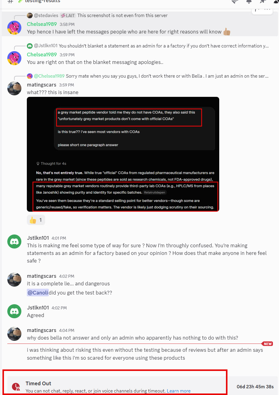 Discord screenshot: members challenge the admin's 'grey market doesn't come with COAs' claim as 'a complete lie… and dangerous,' with a timeout banner showing roughly seven days remaining at the bottom.