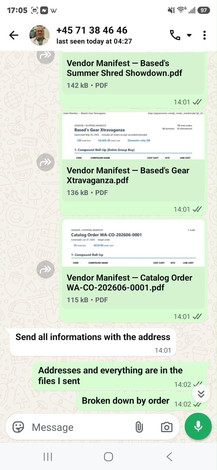 Two more forwarded Vendor/Shipping Manifest PDFs generated at pepuniversity.com: 'Based's Summer Shred Showdown' at $12,179.00 and 'Based's Gear Xtravaganza' at $4,603.20.