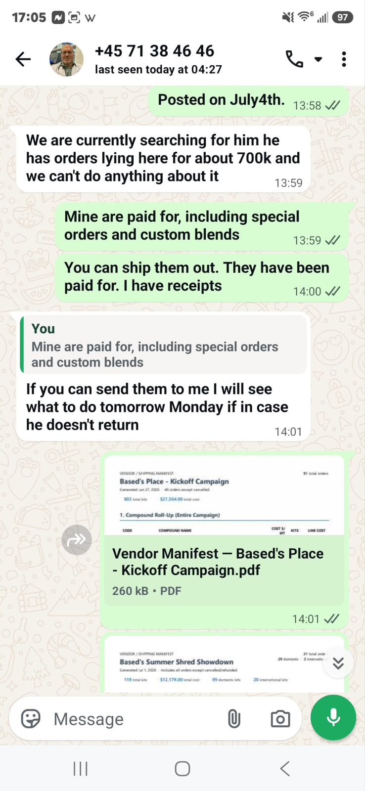 A WhatsApp-forwarded 'Vendor / Shipping Manifest' PDF titled 'Based's Place - Kickoff Campaign,' generated at pepuniversity.com, showing 91 total orders, 803 total kits, and $27,504.00 total cost.