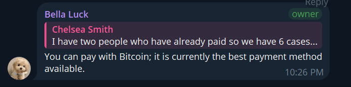 Telegram screenshot: 'Bella Luck' (owner) replies to a group-buy tally with 'You can pay with Bitcoin; it is currently the best payment method available.'