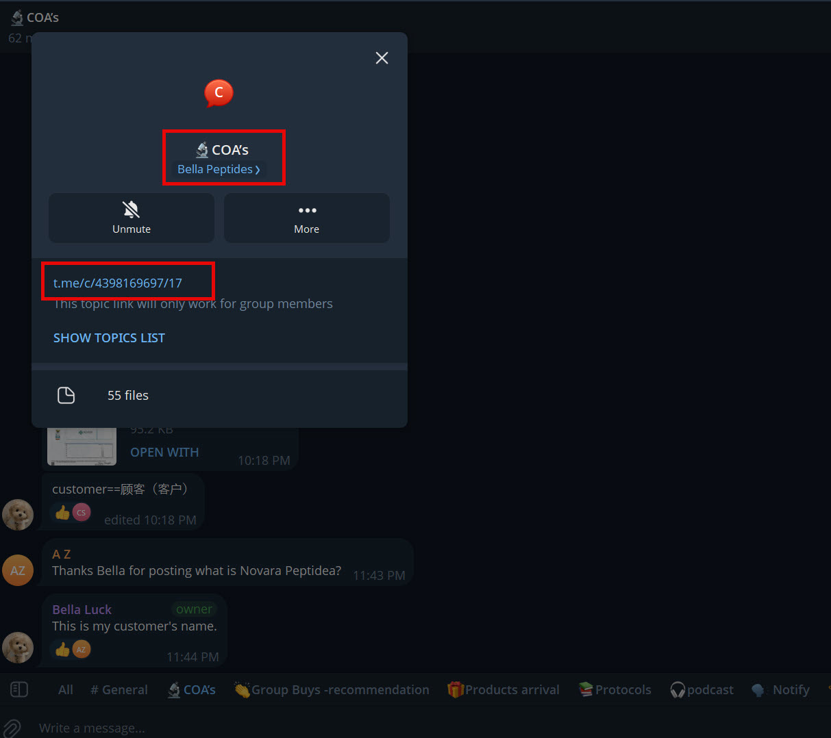 Telegram screenshot of the 'Bella Peptides' group, tagged owner 'Bella Luck,' with a dedicated COA's topic; Bella Luck explains a vendor name on a certificate is 'my customer's name.'