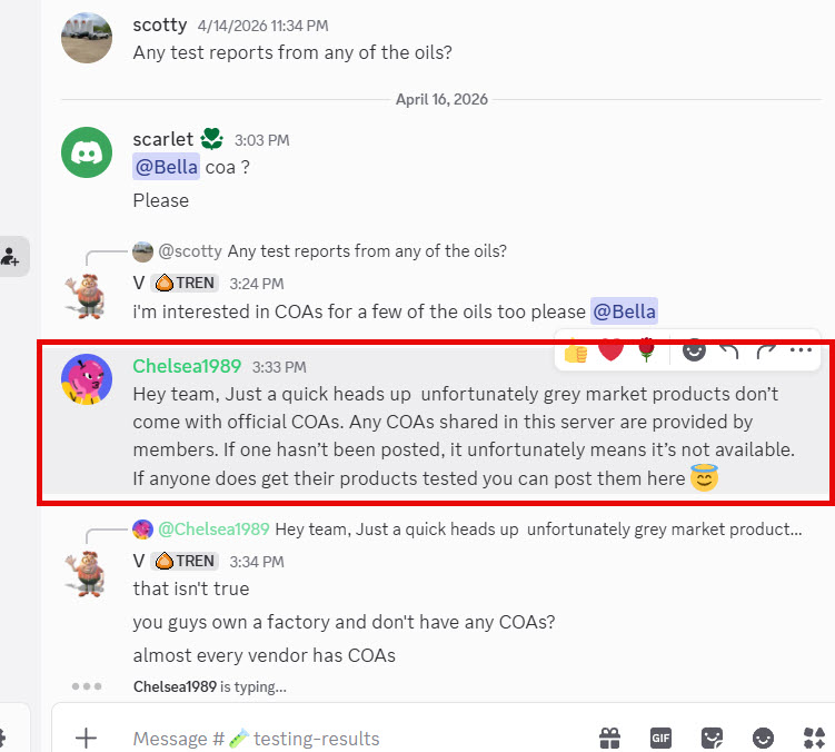Discord #testing-results channel: admin Chelsea1989 says 'unfortunately grey market products don't come with official COAs,' and a member replies 'that isn't true… almost every vendor has COAs.'